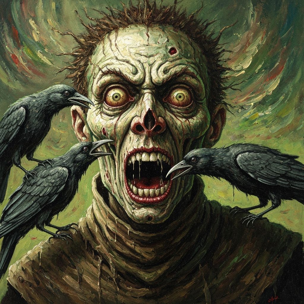 Nightmarish Scarecrow's Face in Gouache Painting