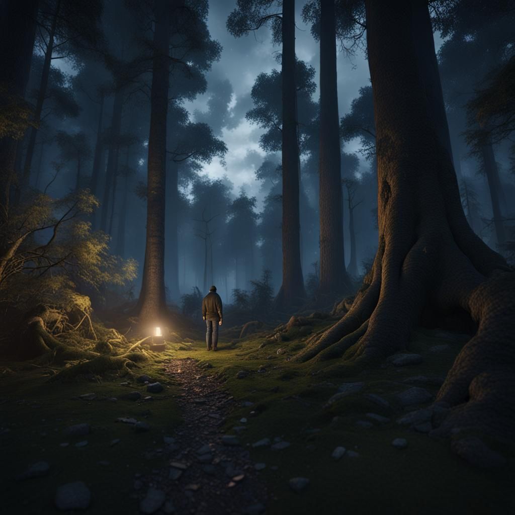 Mysterious Figure Hidden in Dark Forest, 3D Render