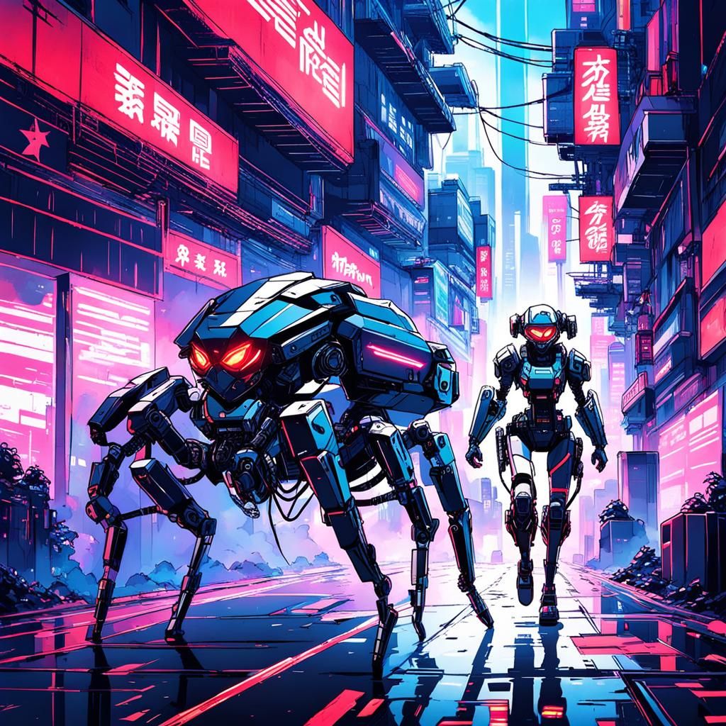 Anime Cyborgs Escape Laser Spider Army in Cyberpunk City