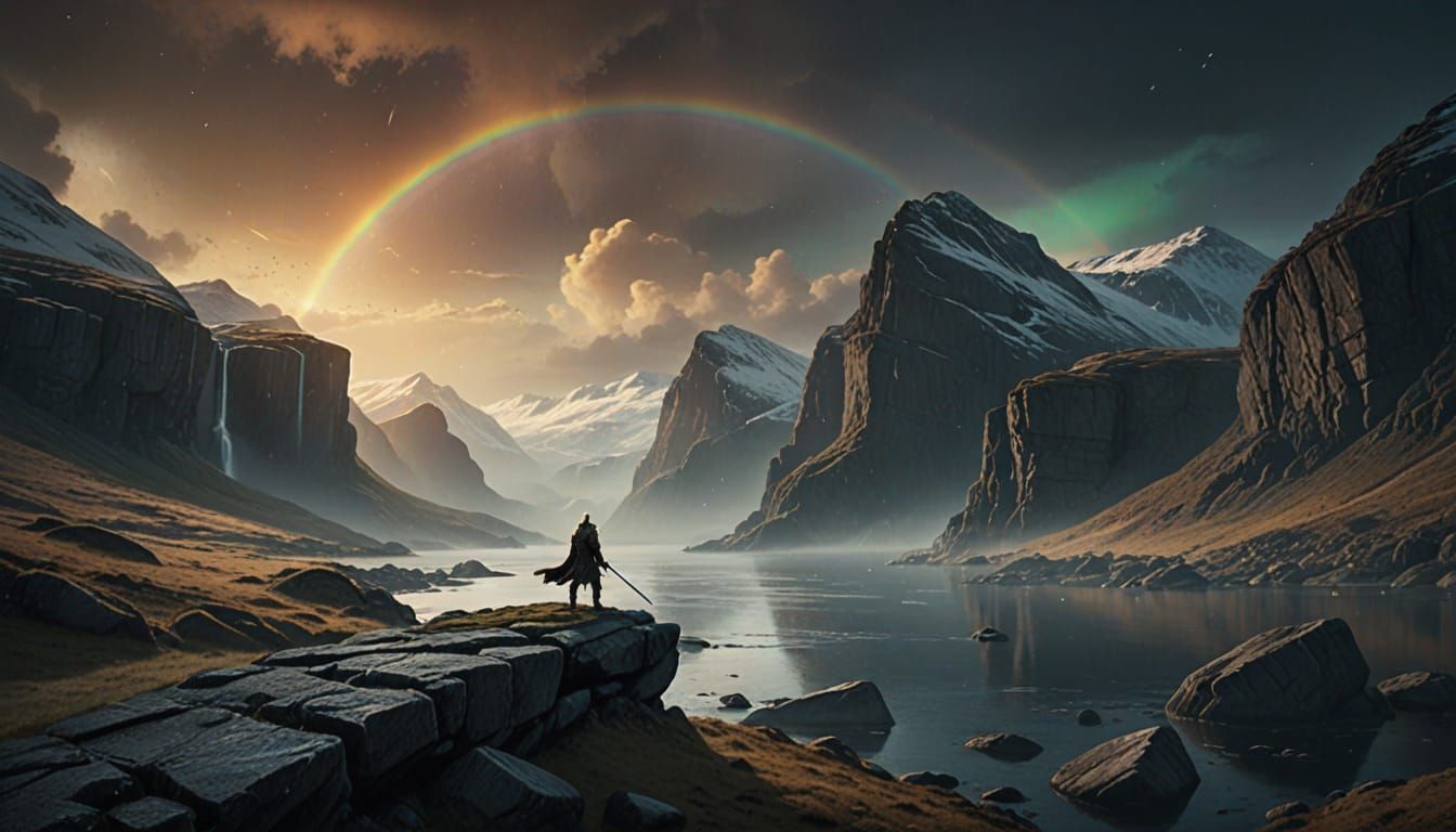 Norse Warrior Stands at the Edge of a Shimmering Rainbow Bri...