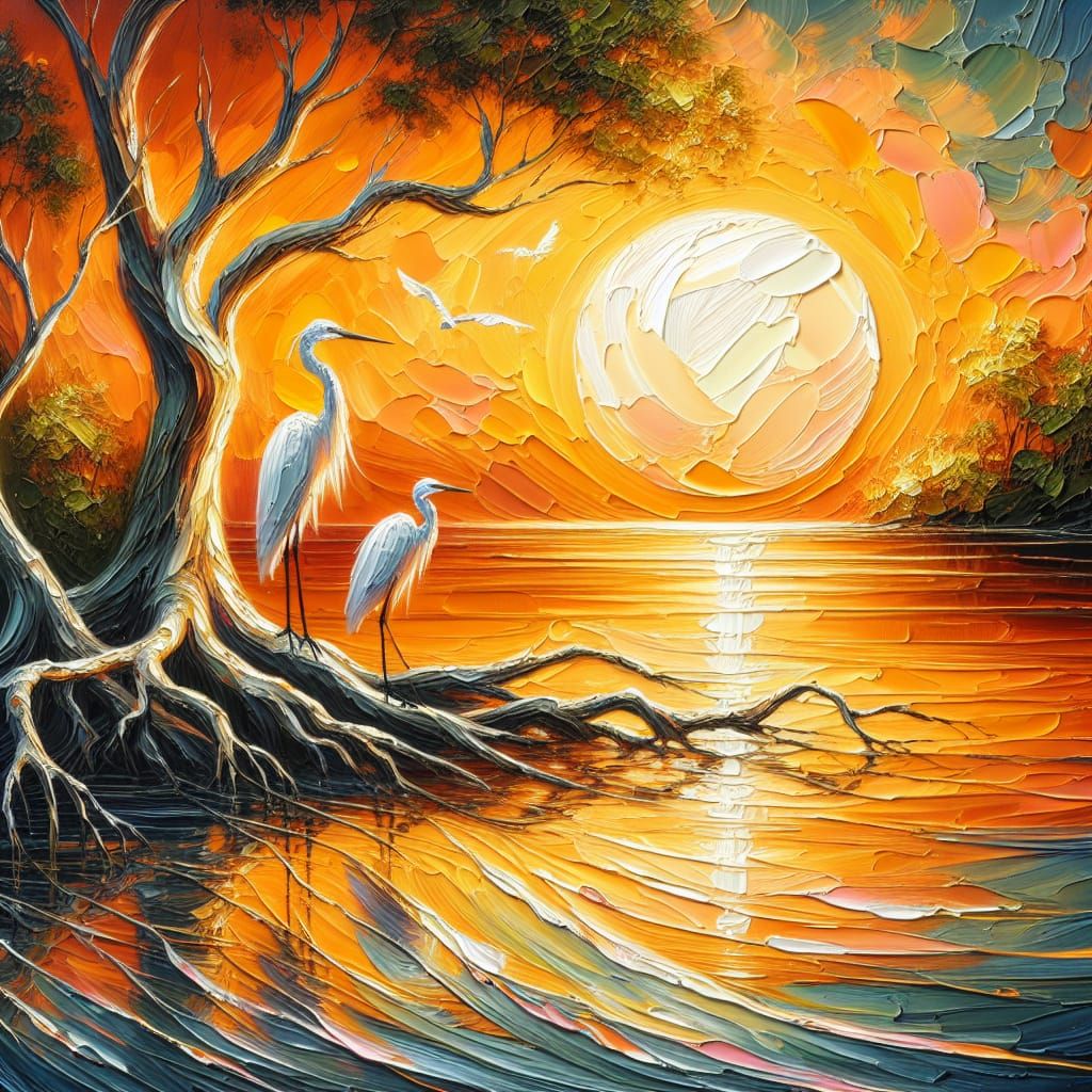 Egrets in Golden Pond Impasto Painting