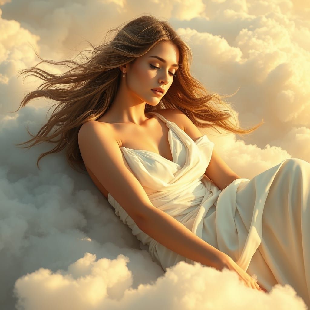 Sensual Goddess in Golden Light, Floating on a Cloudy Greek ...