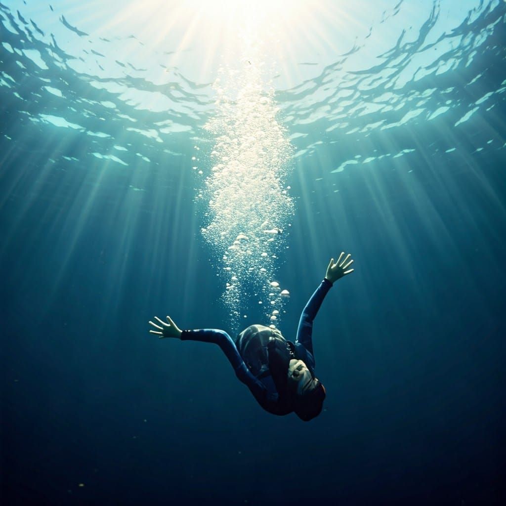 Underwater Descent: Ethereal Light and Bubbles