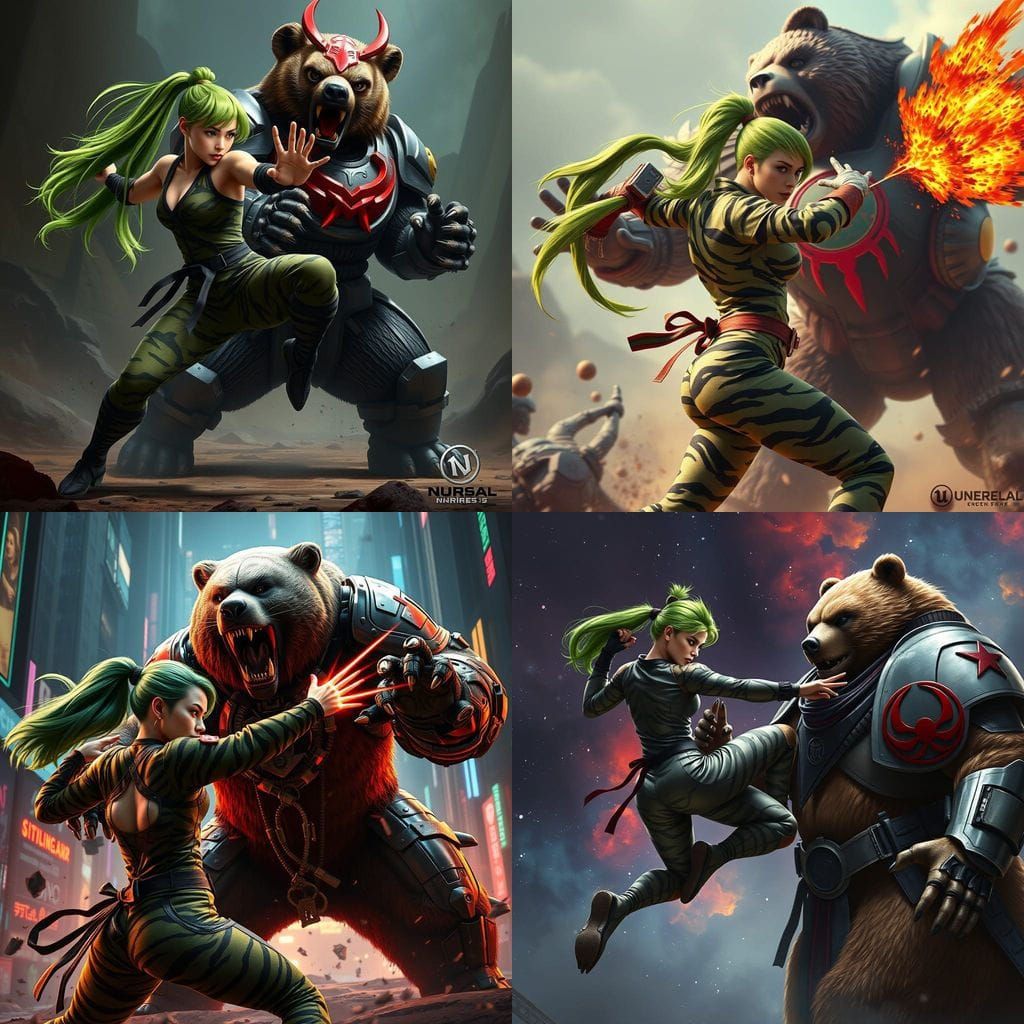 Cyberpunk Warrior in Fierce Battle with Armored Beast