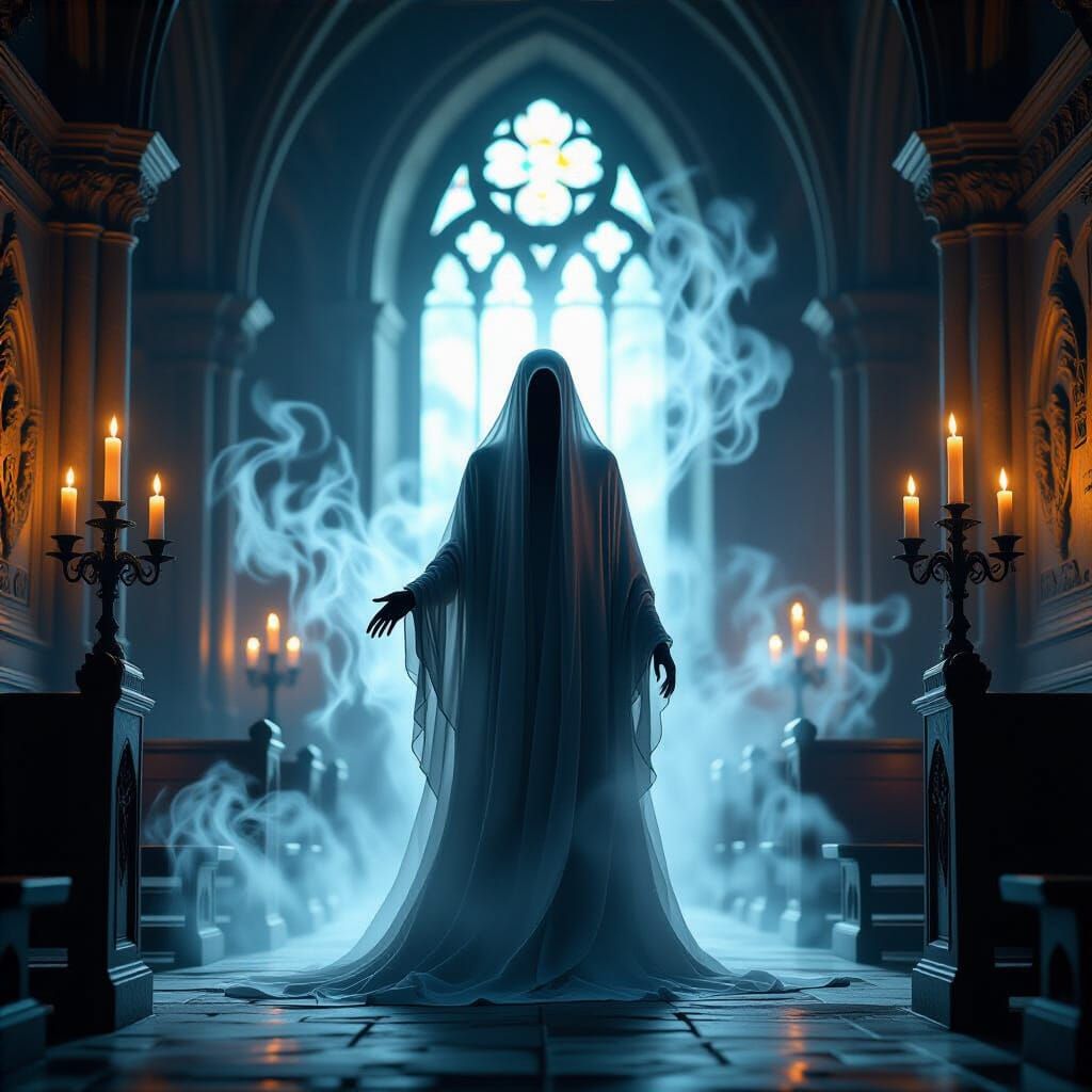 Ethereal Ghost in Gothic Chapel, Surreal Digital Art