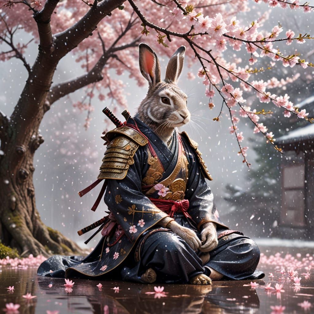 Samurai Hare Warrior Meditating Under Blooming Sakura