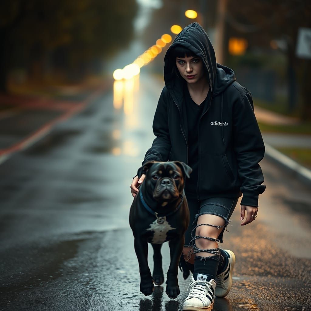 Woman Walks Pug on Wet Road in Cinematic Style