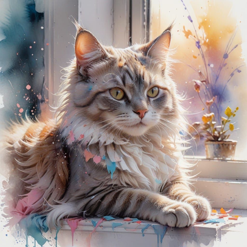 Lazy Cat on Windowsill in Pastel Chalk Style