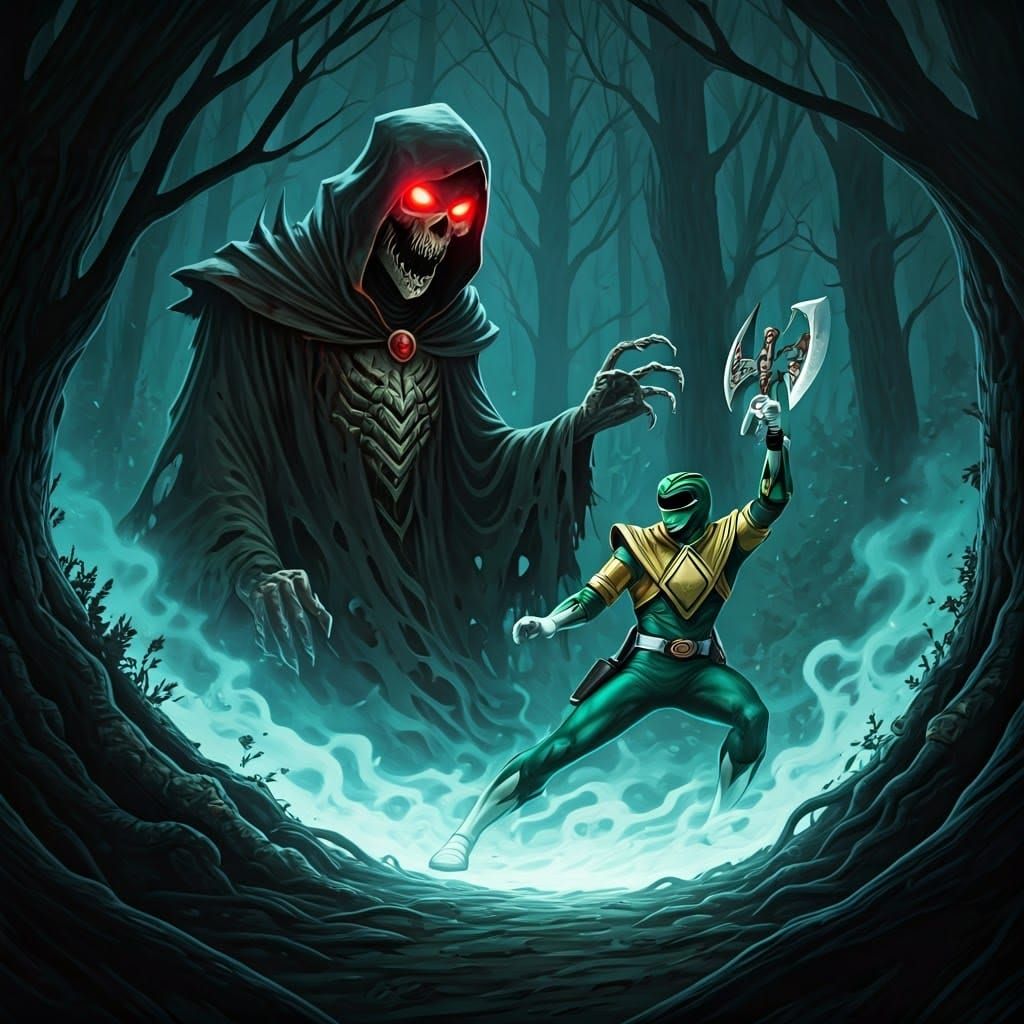 Emerald Warrior Battles Ethereal Horror in Dark Fantasy Land...