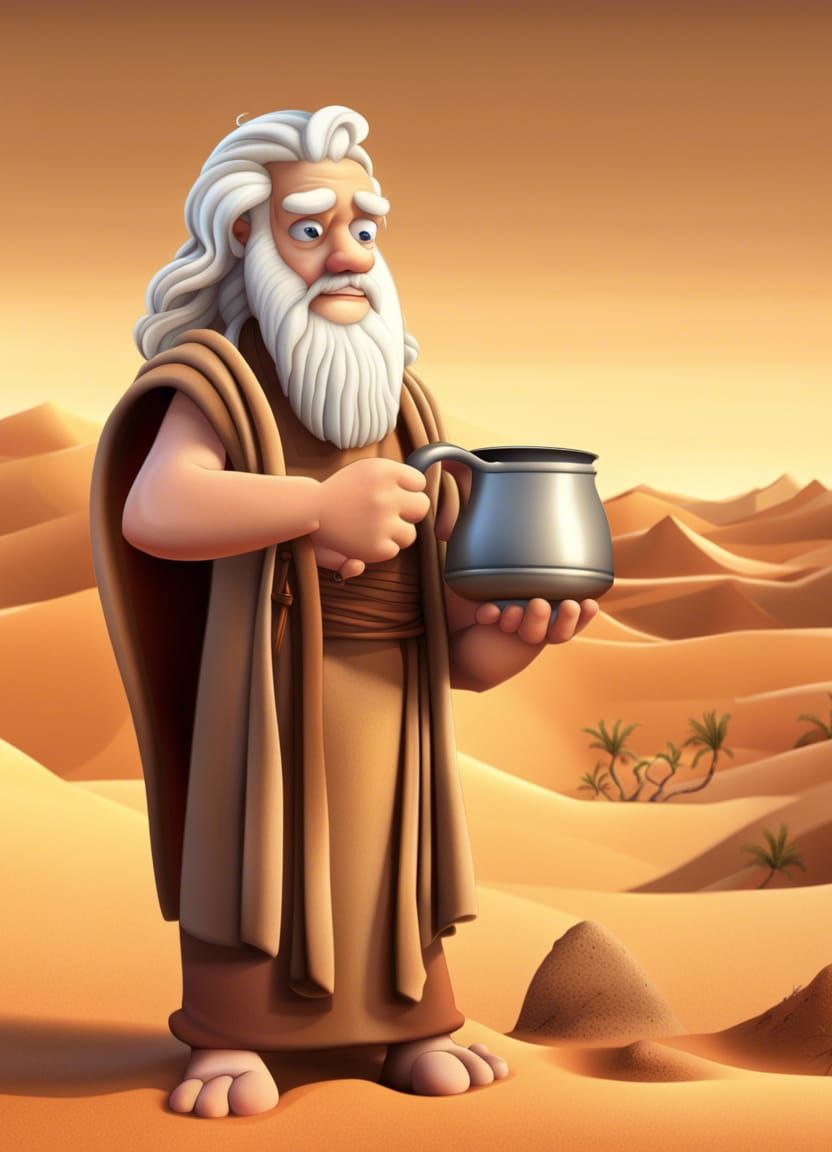 Cartoon Moses Holding Coffee in Desert Landscape
