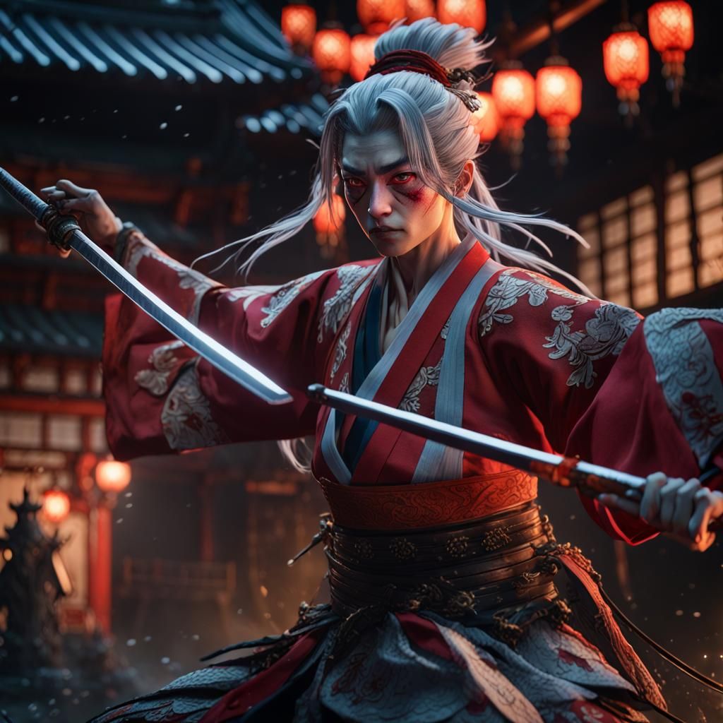 Tomoe Gozen Night Battle: Detailed Digital Painting