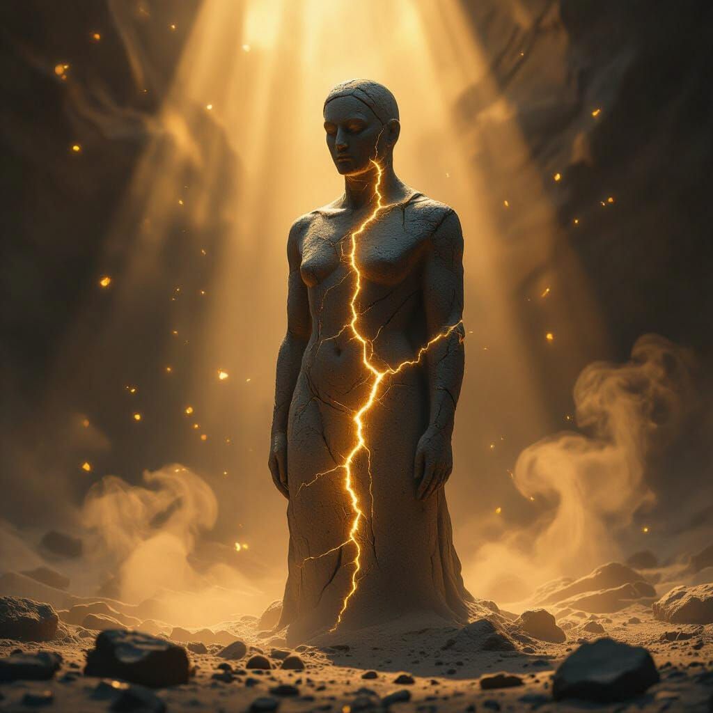 Stone Figure Cracks Open with Golden Light