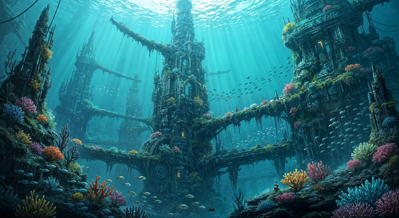 Mythical Underwater City Ruins in Hi-Tech Bio-Illuminated St...