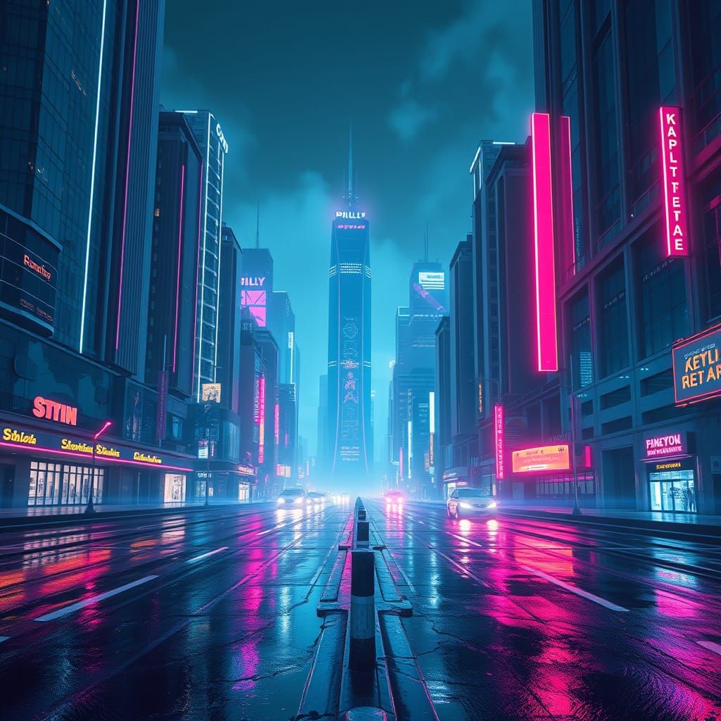 Dystopian Cityscape in Neon-Lit, High-Contrast Style