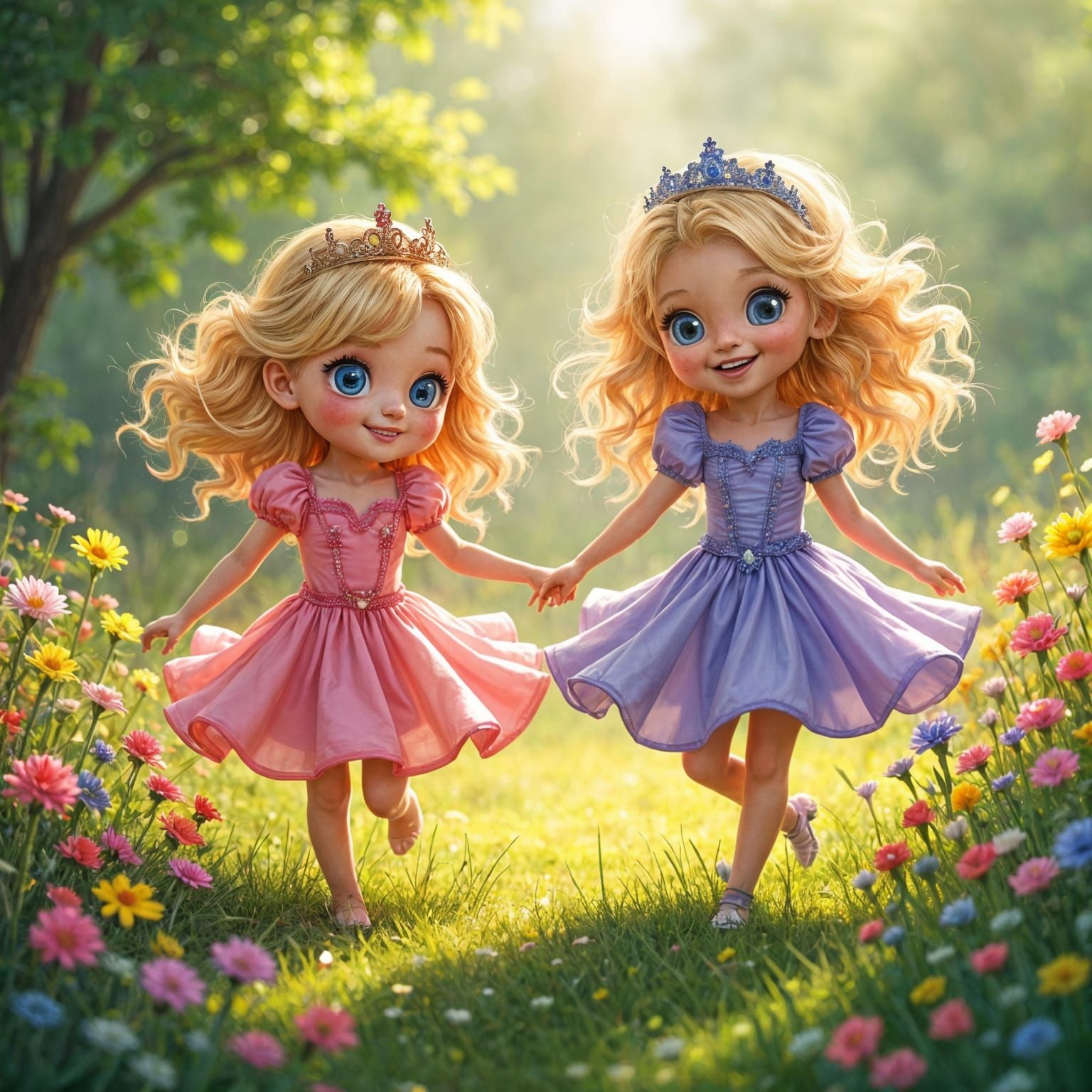 Blonde Princesses Playing and Laughing Together