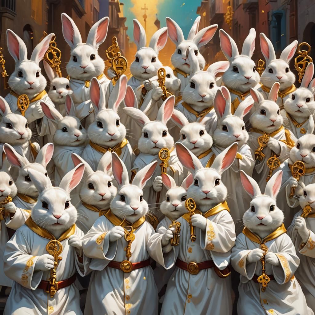 Anthropomorphic Bunnies with Golden Keys in Hyperrealistic S...