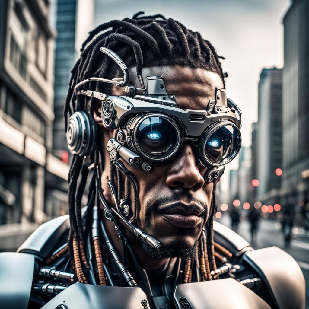 Hyperrealistic Cyborg with Dreadlocks in Cityscape