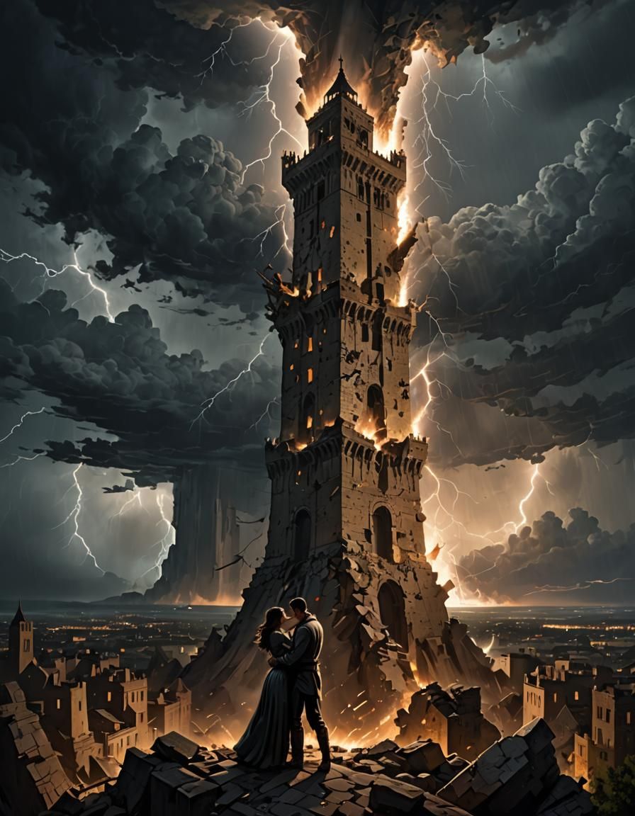 Dramatic Tower Collapse: A Couple's Embrace