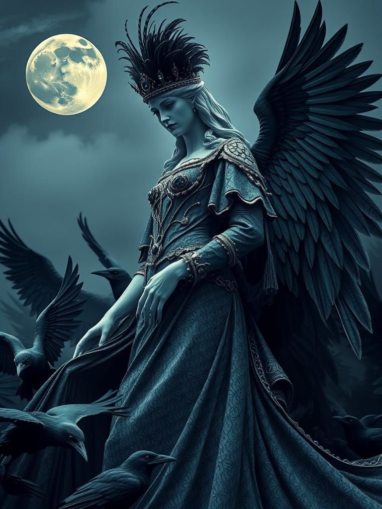 Regal Statue with Feather Crown in Raven Sea