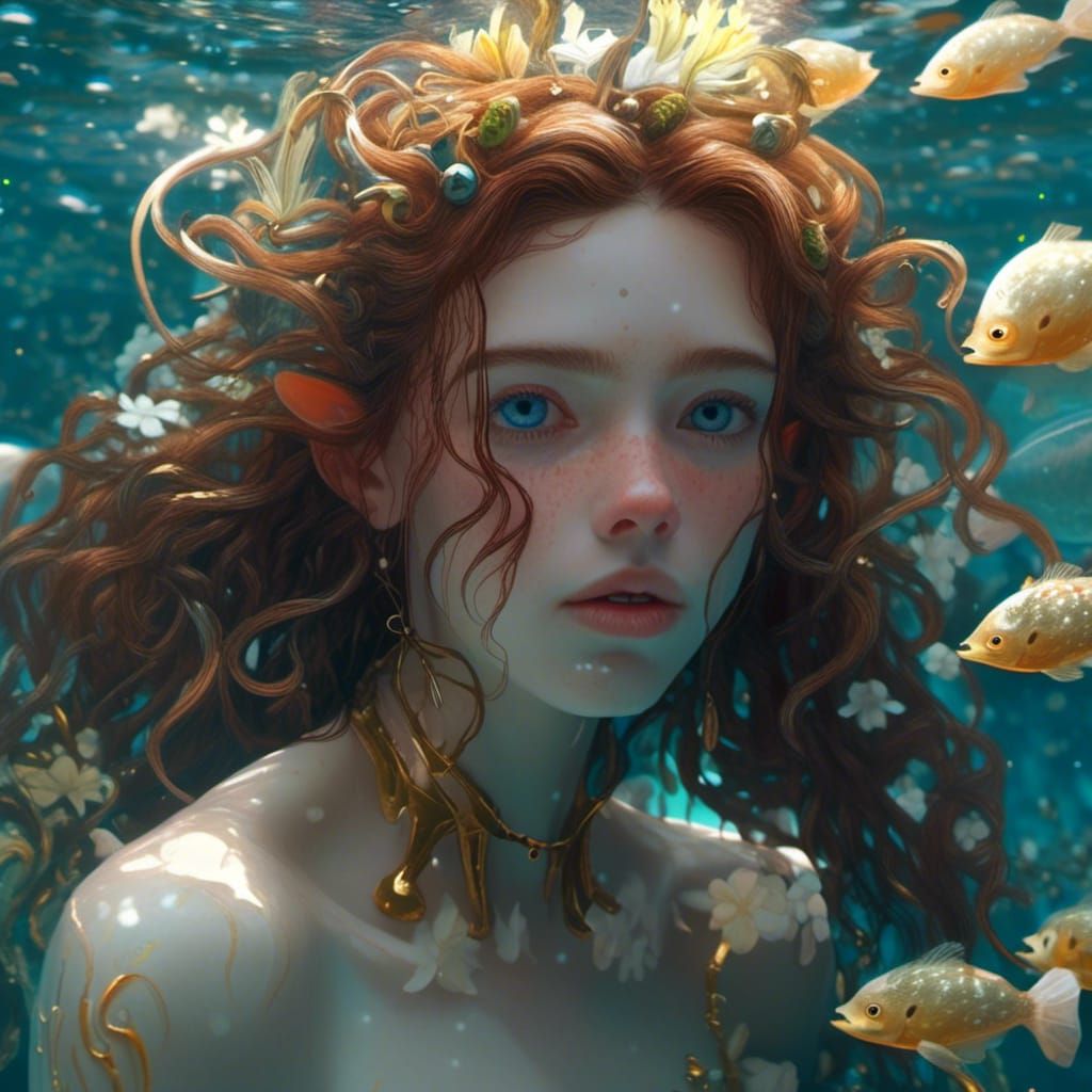 Underwater Elf Woman with Lily Hairpiece