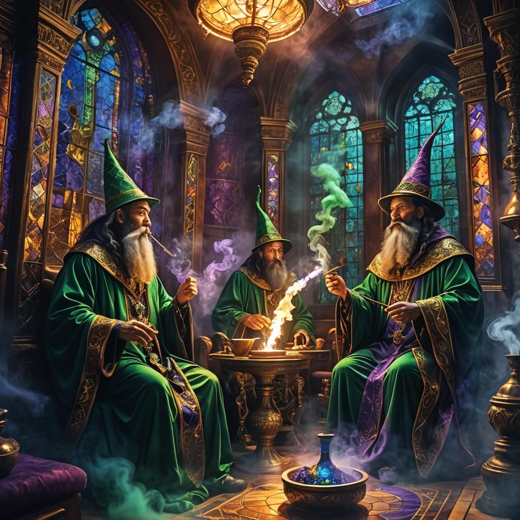 Hookah Smoking Wizards in Emerald and Indigo Robes