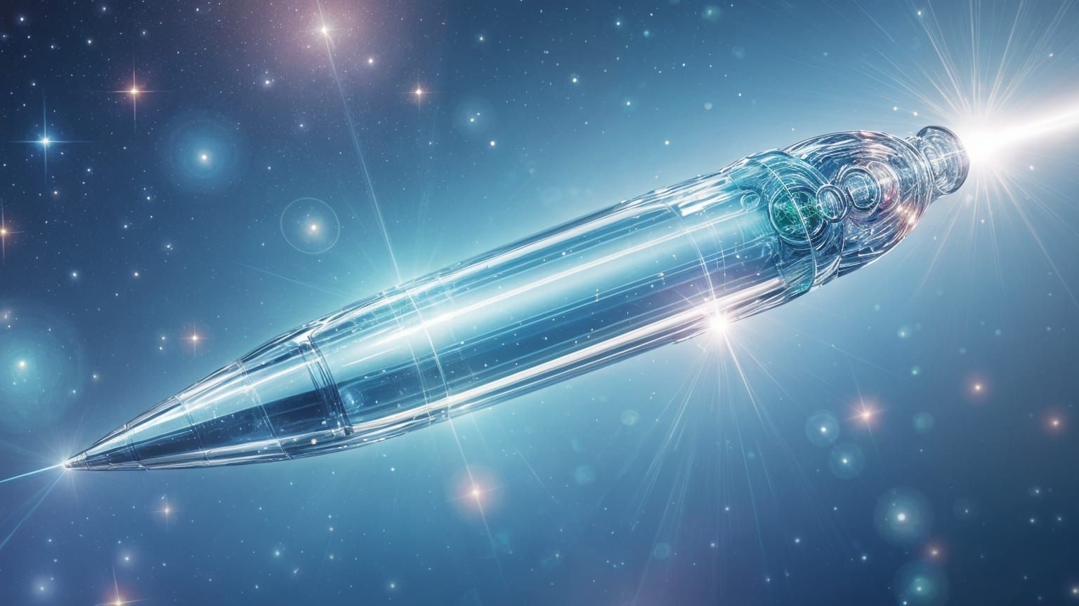 Sleek Blue Glass Spaceship in Pastel Nebula