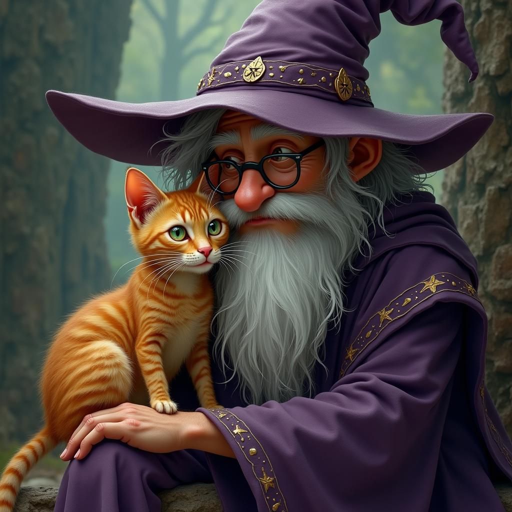 Ginger Tabby with Wizard in Mystical Scene