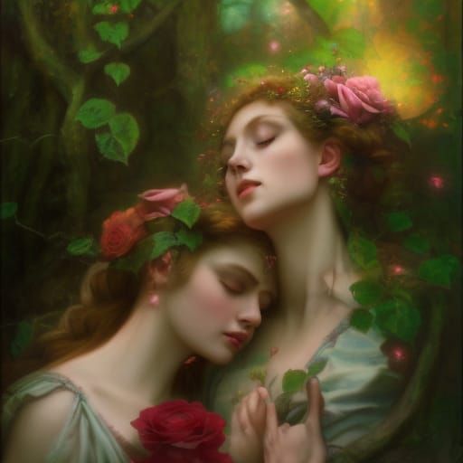 Moonlight Rose Fairies Kissing in Enchanted Forest