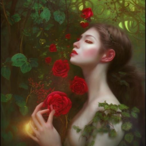 Moonlight Rose Fairies Kissing in Enchanted Grove