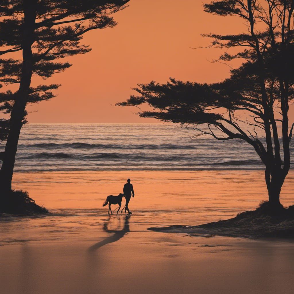Man and Horse Walking by the Sea at Sunset