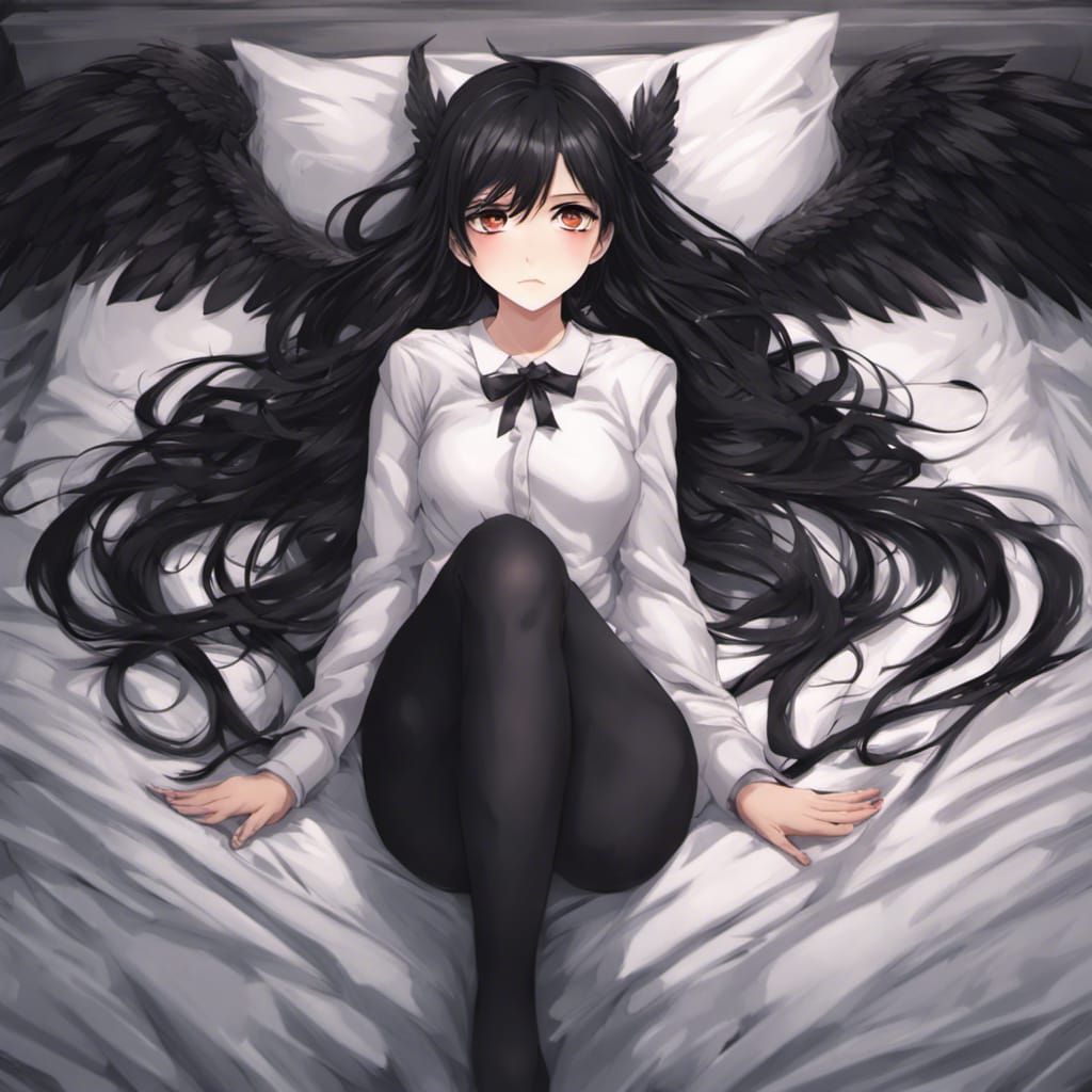 Fallen Angel with Black Wings in Anime Style