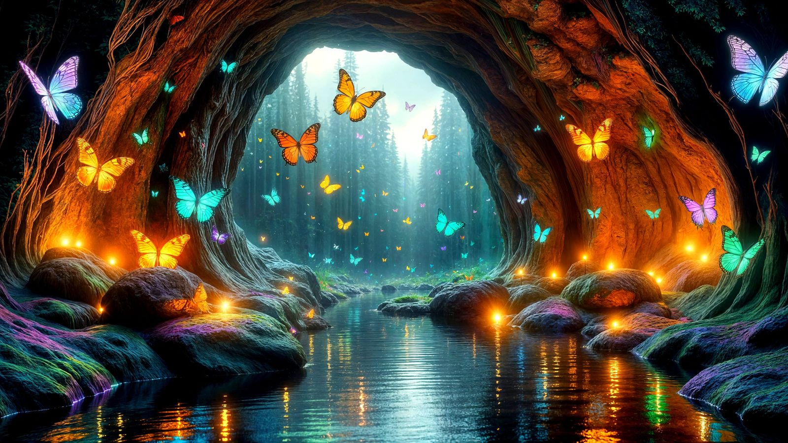 Surreal Nighttime Grotto Scene in Photorealistic Style