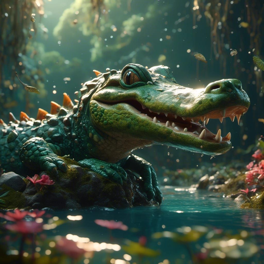 Cute Alligator: Detailed Matte Painting in Deep Color