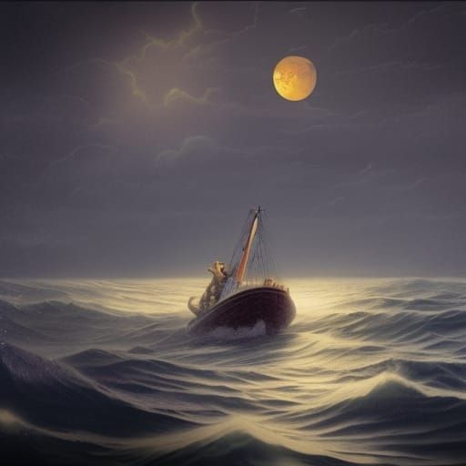 Lifeboat at sea in a storm rescuing people from the sea near...