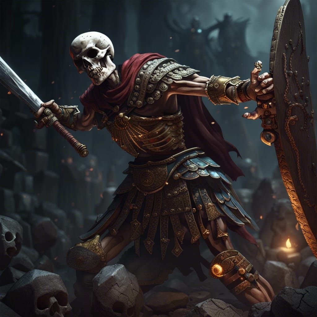Skeleton Roman Soldier Fighting Barbarians in Dark Fantasy S...