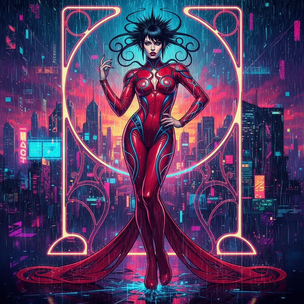 Punk Woman in Vinyl Bodysuit Amidst Digital Glitch Rain