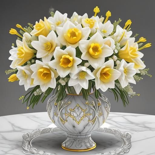 Daffodils in Marbled Vase with Filigree Details