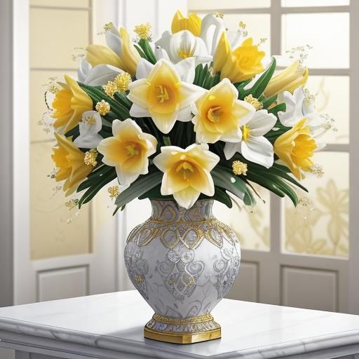 Daffodils in Marbled Vase with Golden Lighting