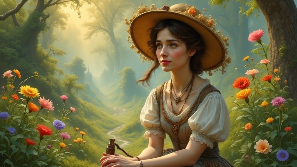 Elegant Woman Lost in Thought in a Whimsical Garden