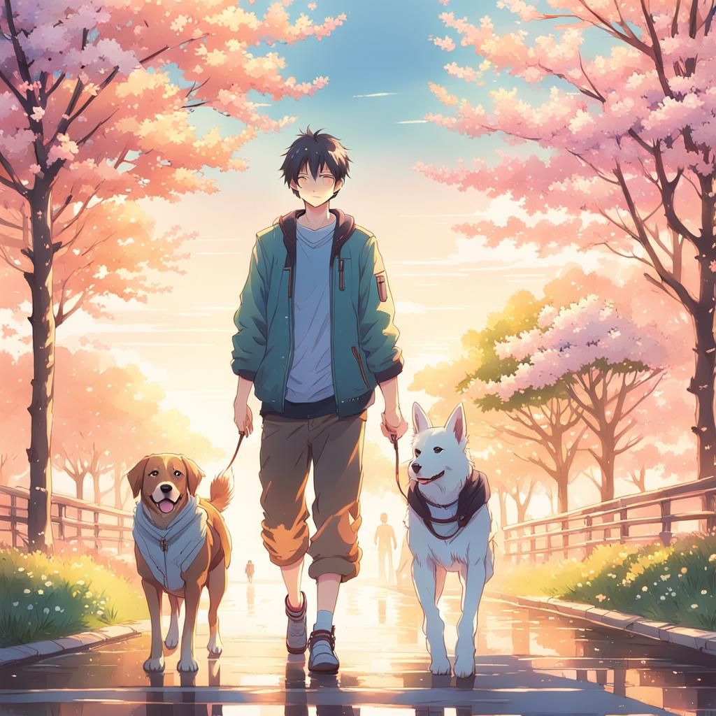 Boy and Dog Holding Hands in Anime Style