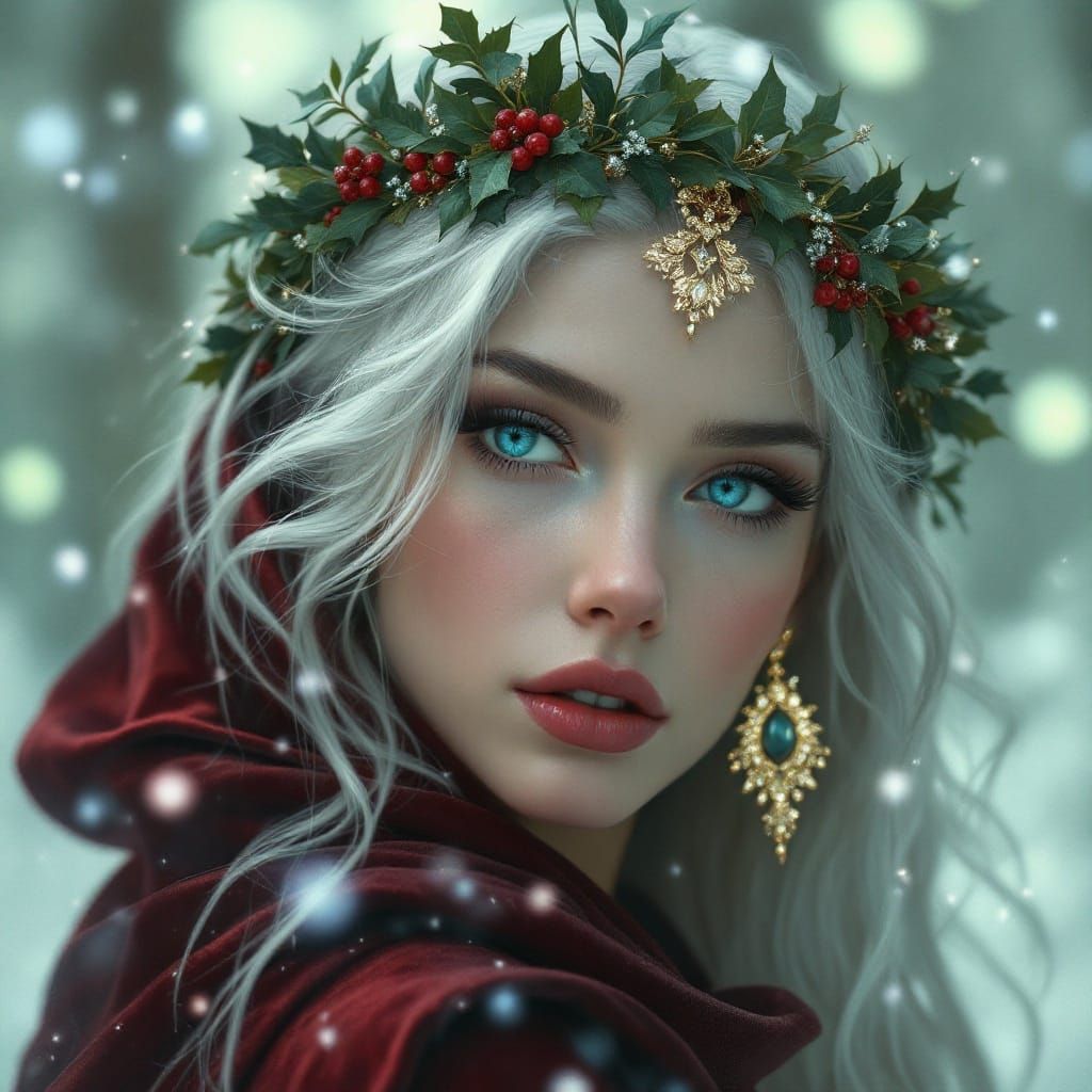 Ethereal Winter Goddess in Velvet and Mistletoe