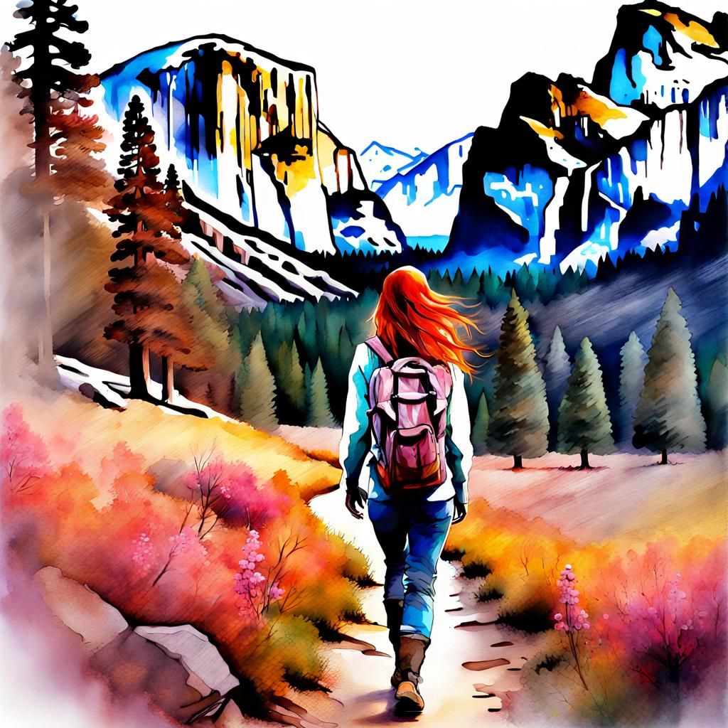 Redhead Hiker in Yosemite: Digital Watercolor Art