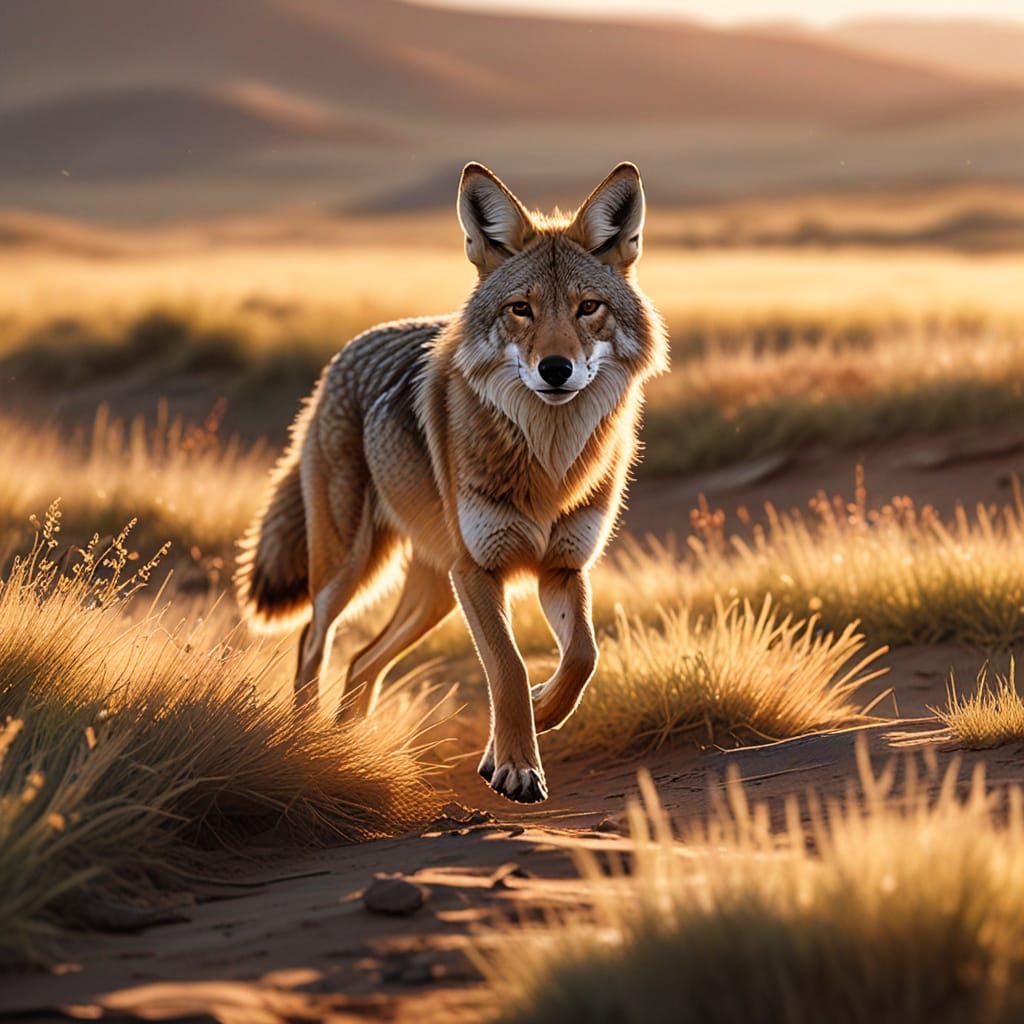Coyote Running Across Prairie in Watercolor Style