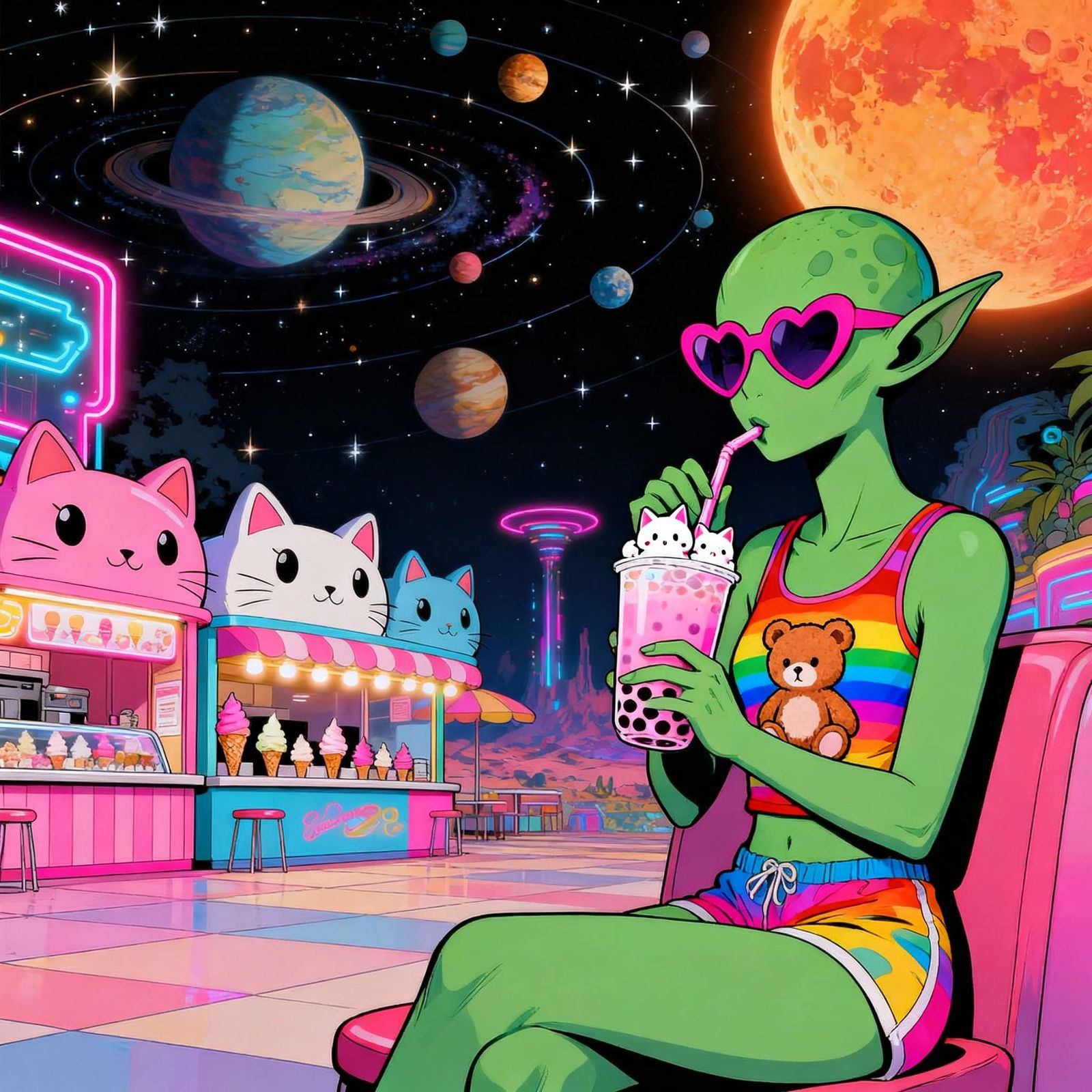 Green Alien Enjoys Pastel Bubble Tea in Cosmic Cafe