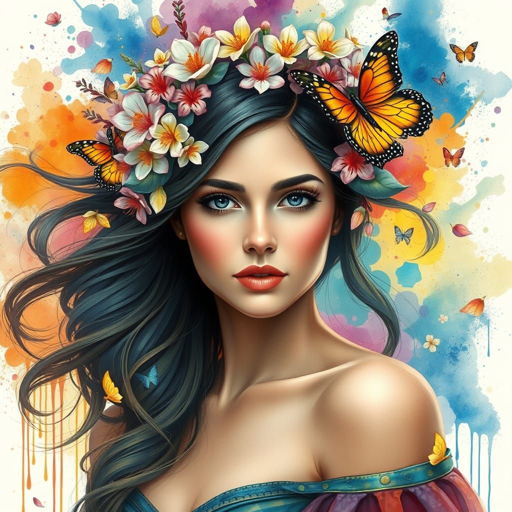 Woman with Butterflies and Flowers in Art Nouveau Style