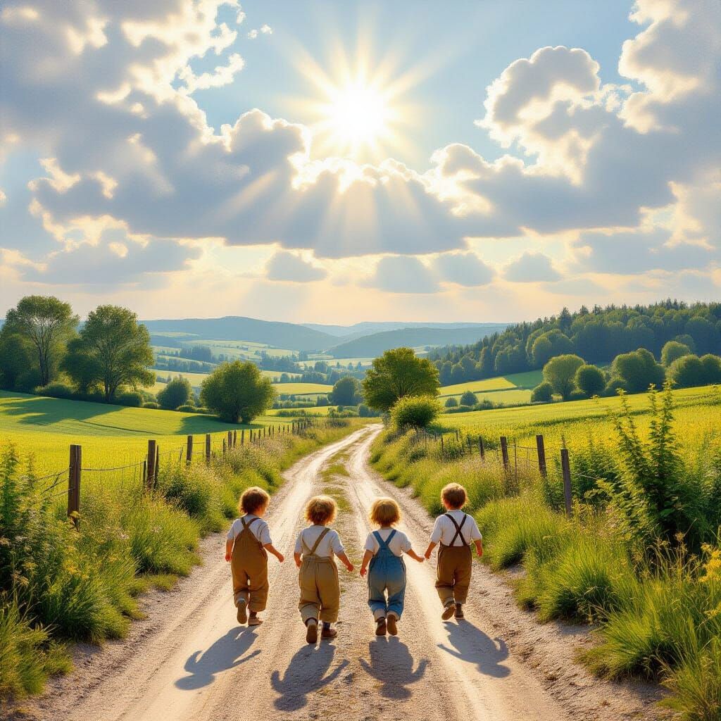 Children Playing in Rural Landscape, Impressionistic Style