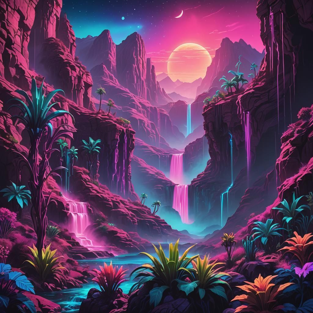 Synthwave Alien Canyon Landscape with Waterfalls