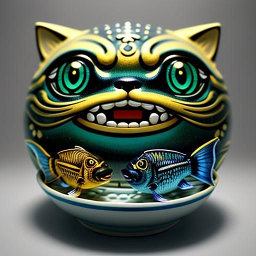 Surreal Ornate Fish Emerging from Cat Teeth
