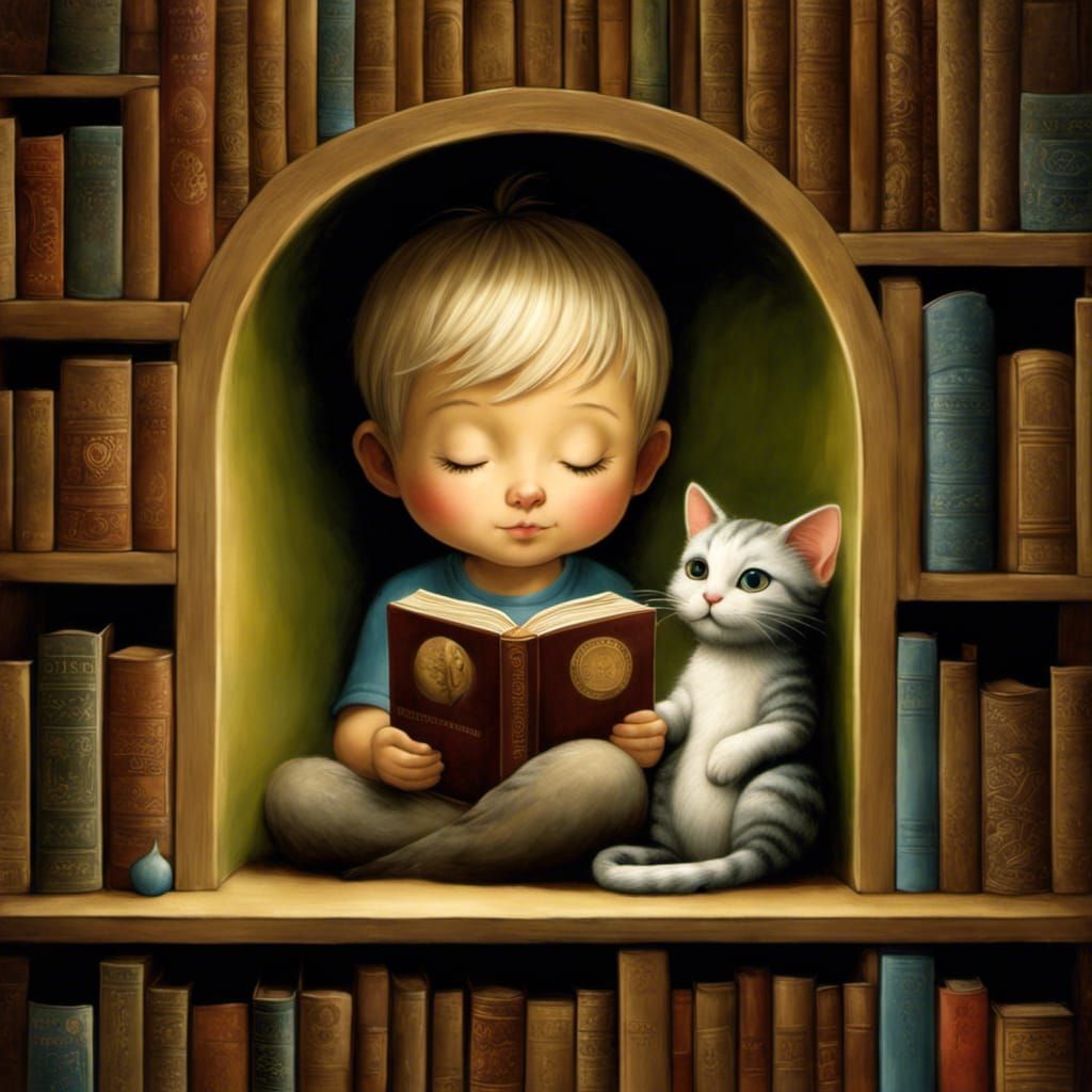 Boy and Cat in Cozy Reading Nook