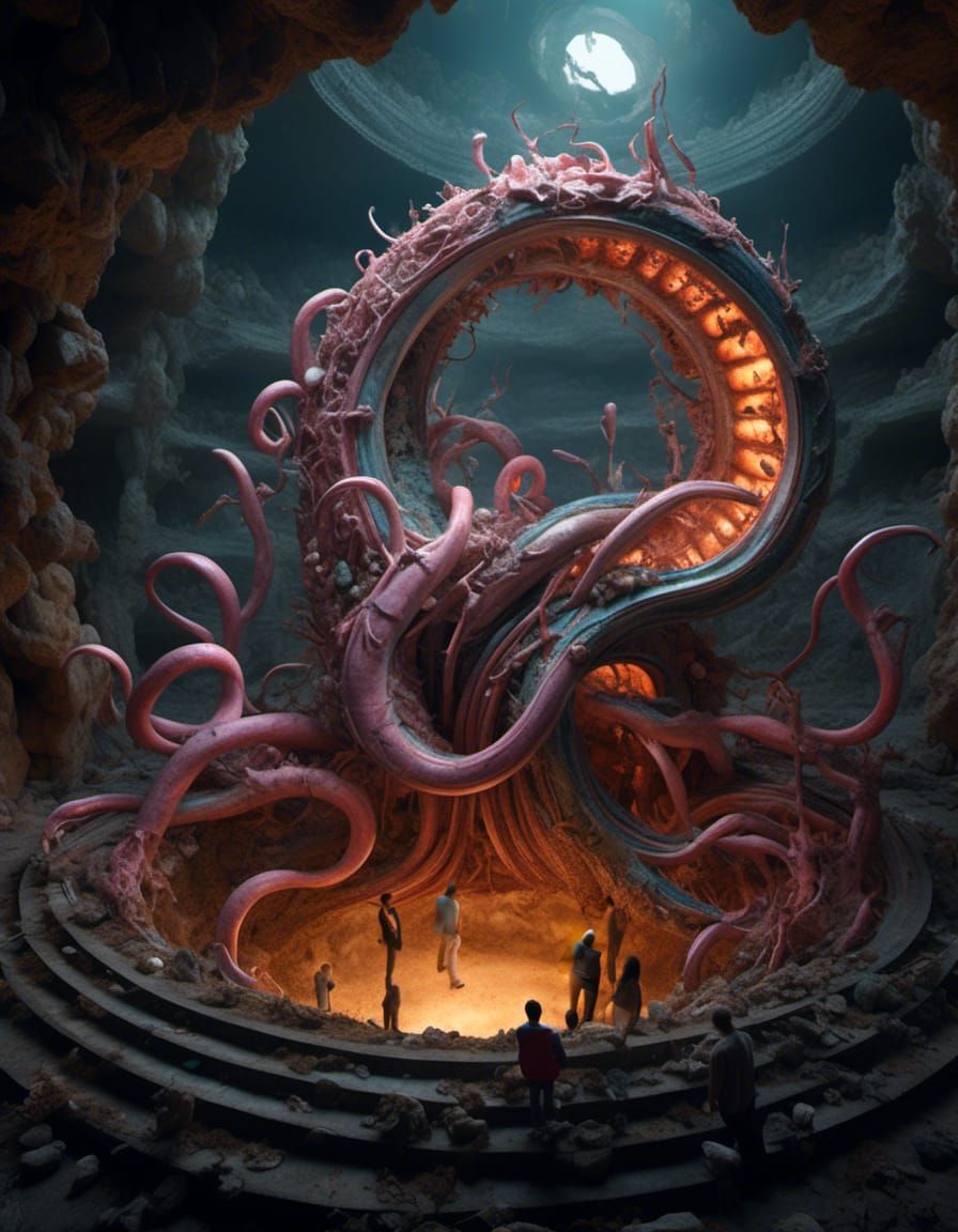 <lora:NC Hyperreal:1.0> <lora:Fibonacci collage:1.0> flesh Tentacles monster emerging over the edge of a circular stone ...